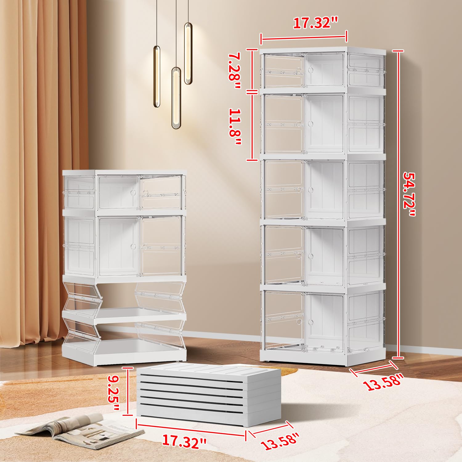 EHAMILY 5-Tier 5Grids Folding Storage Box with Doors Clear Plastic Collapsible Storage Bins with Lids Easy to Assemble Foldable Storage Cabinets with Wheels Large Stackable Closet Organizer White