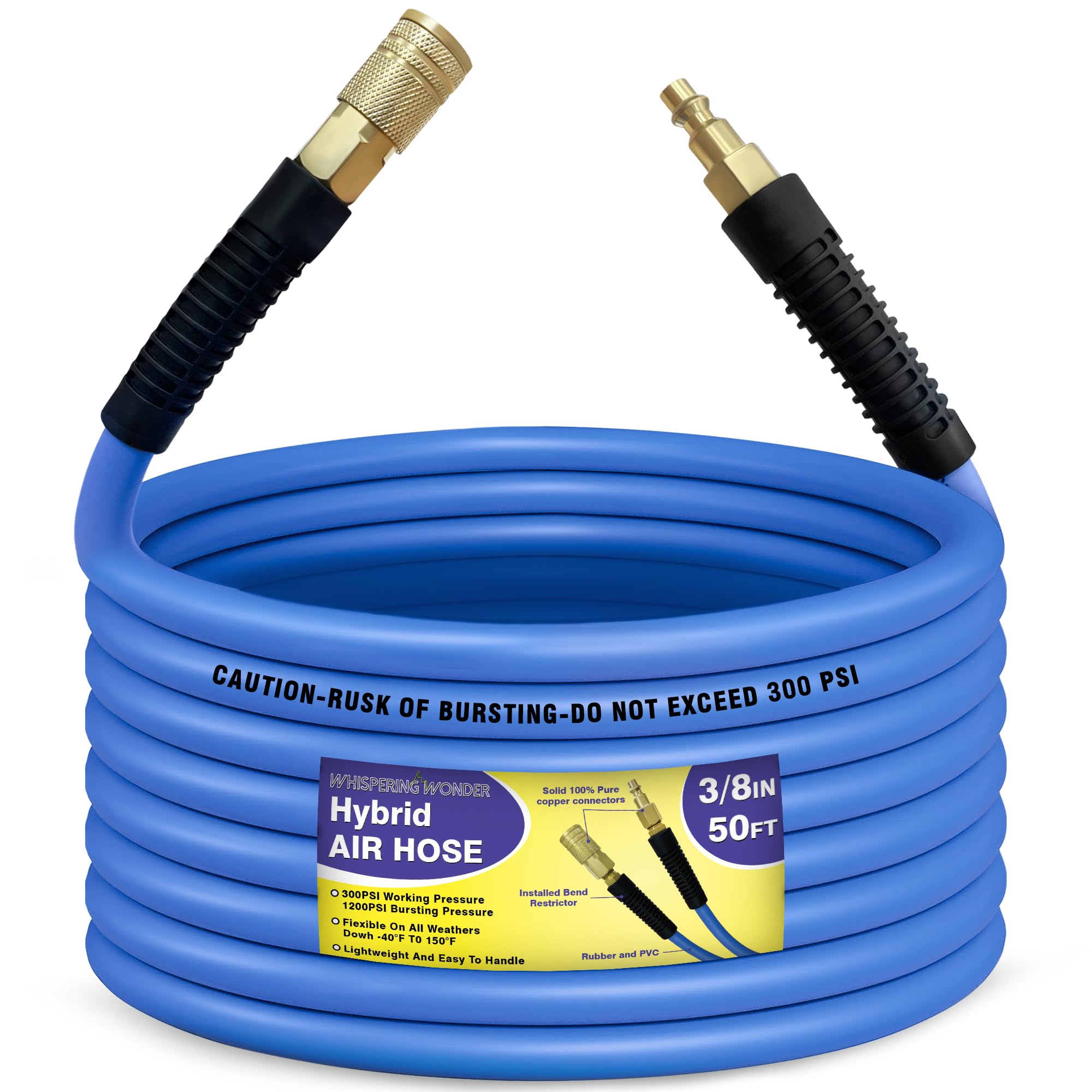 Air Compressor Hose 3/8 in x 50 ft, 300 PSI Heavy Duty Hybrid Air Hose with Quick Coupler and Plug Kit, Lightweight, Kink Resistant, All Weather Flexibility with Bend Restrictors, Blue