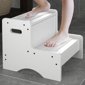 white wooden step stool for kids, 2 step safety kids stepping stool for bathroom kitchen bedroom with 350 lbs capacity, toddler step stool children's stool potty stool