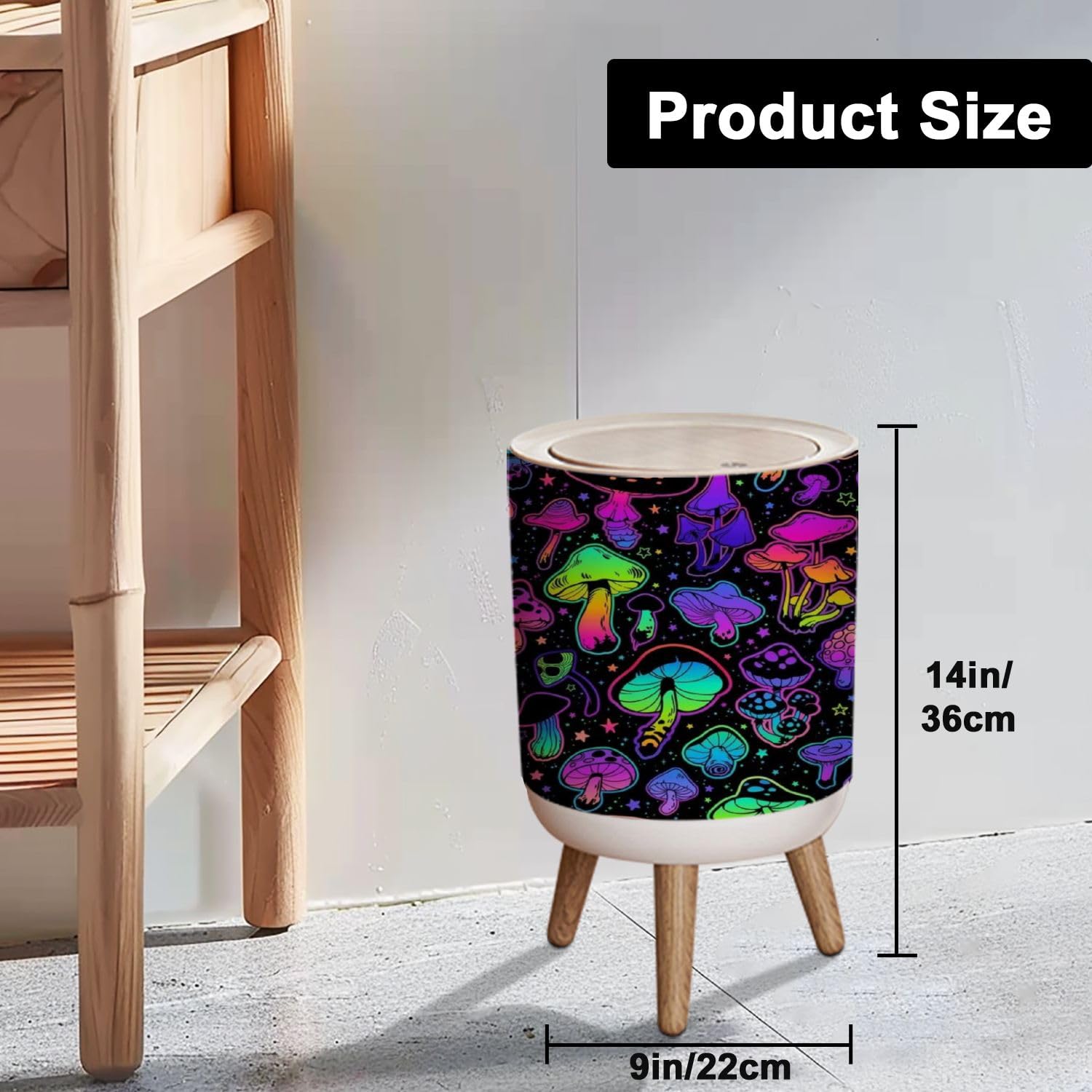 LGCZNWDFHTZ Small Trash Can with Lid for Bathroom Kitchen Office Seamless bright psychedelic mushrooms Garbage Bin Waste Basket Decorative 1.8 gallons, 14x9inch