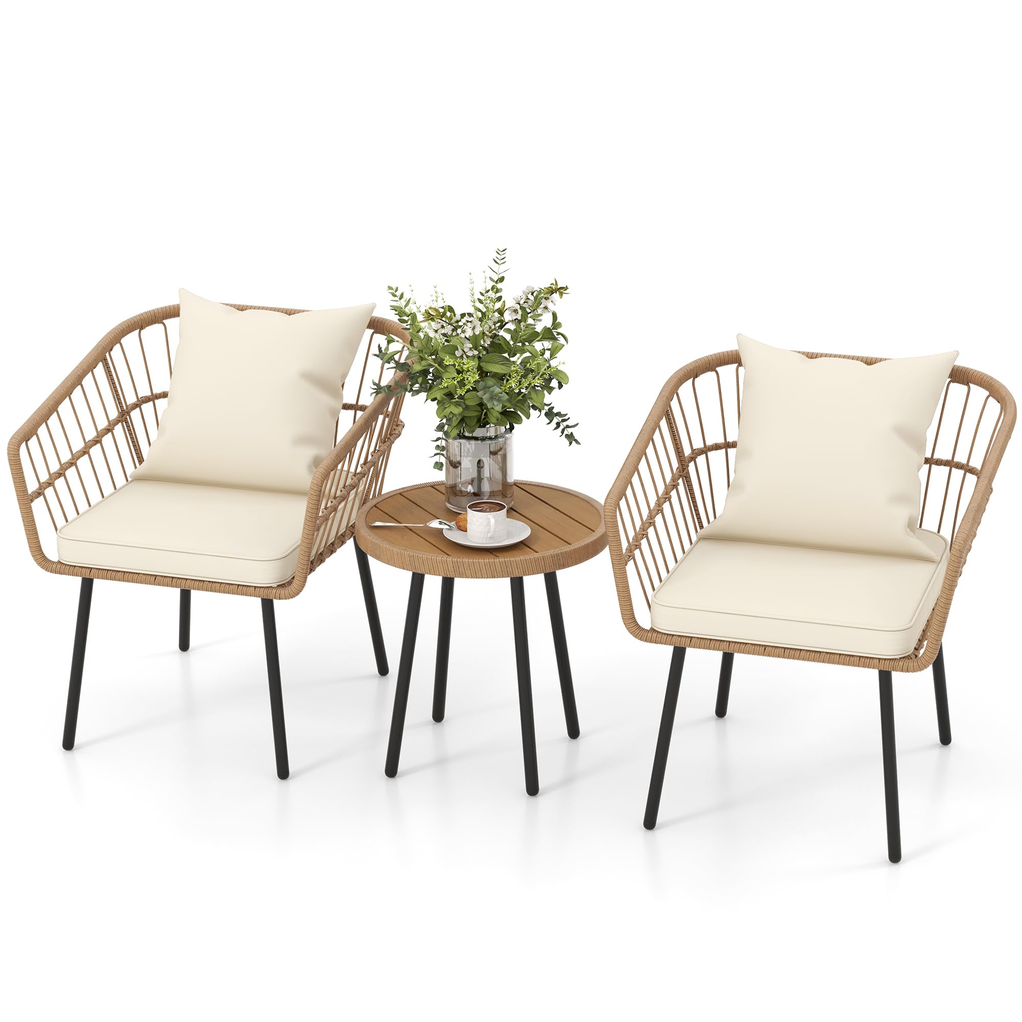 DWVO All-Weather Wicker Patio Furniture Bistro Set, 3-Piece Outdoor Patio Conversation Set with Table and Seat Cushions for Patio, Balcony, Backyard, Porch and Terrace