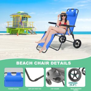 DoCred Beach Cart Chair - 2 in 1 Foldable Beach Chair with Wheels, Beach Lounge Chair, Chair Wagon Beach Cart with 5 Positions for Beach, Backyard, Pool, Camping or Picnic