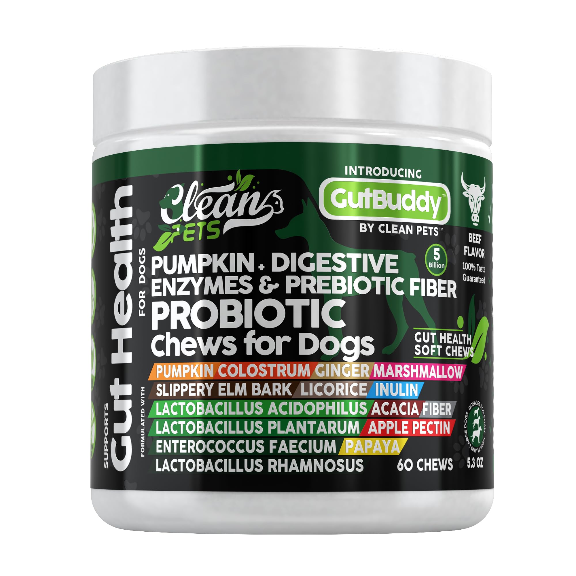 Gut Health Probiotics for Dogs with Pumpkin, Colostrum, Digestive Enzymes, Ginger, Slippery Elm, Licorice, Inulin Fiber & More | Beef Flavor Soft Chews Digestion Dog Supplement by Clean Pets