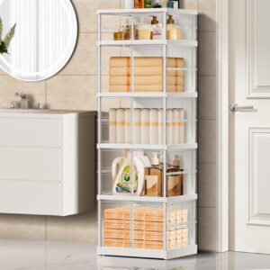 EHAMILY 5-Tier 5Grids Folding Storage Box with Doors Clear Plastic Collapsible Storage Bins with Lids Easy to Assemble Foldable Storage Cabinets with Wheels Large Stackable Closet Organizer White