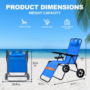 DoCred Beach Cart Chair - 2 in 1 Foldable Beach Chair with Wheels, Beach Lounge Chair, Chair Wagon Beach Cart with 5 Positions for Beach, Backyard, Pool, Camping or Picnic