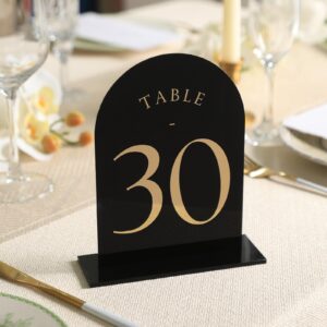 UNIQOOO Black Arch Wedding Table Numbers with Stands 1-30, Gold Foil Printed 5x7 Double Sided Acrylic Signs and Holders, Perfect for Centerpiece, Reception, Decoration, Party, Anniversary, Event