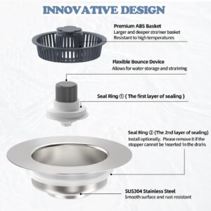 3 in 1 Kitchen Sink Drain Strainer & Stopper Kit, SUS304 Stainless Steel Pop-up Kitchen Drain Stopper with Strainer Basket, Fast Drainage Kitchen Sink Plug for Standard 3-1/2 Inch Drain