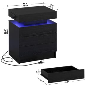 LIKIMIO Night Stand with Charging Station, Modern Black Nightstand with LED Light and 3 Drawers, Bedside Tables/End Table for Bedroom