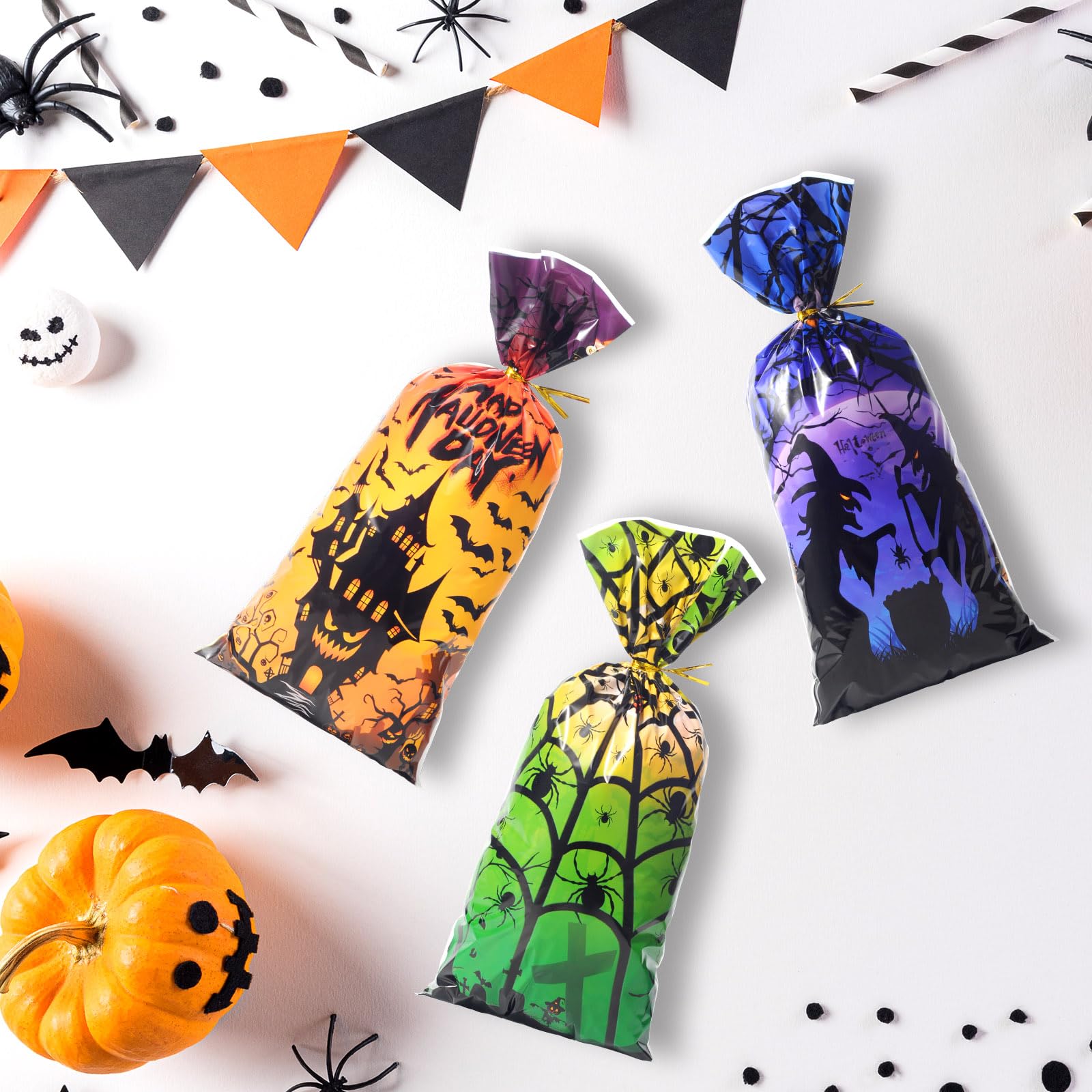 HiloPack Halloween Treat Bags for Candy, 50Pcs Halloween Goodie Bags with Twist Ties, Halloween Candy Bags Gift Bags for Kids Halloween Trick or Treat Party Supplies, Hallowen Favors Bag Decor (Goody)