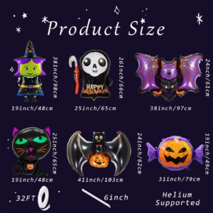 7 Pieces Large Halloween Foil Balloons Decorations Set, Includes Bat, Witch, Pumpkin, Black Cat, Skeleton, Ghost and Spider Designs Mylar Balloons for Spooky Trick-or-Treating Party Supplies