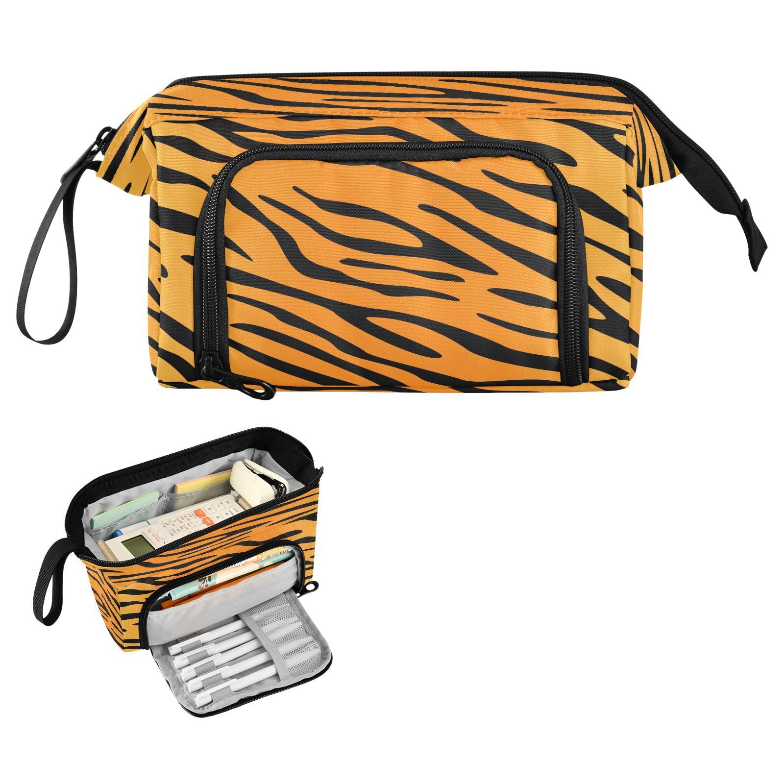 Quteprint Large Capacity Pencil Case, Animal Tiger Skin Pattern Portable Pencil Bag Pen Case Pouch with Zipper, Office School Stationery Bag Pencil Box Holder for Teens Girls Boys Adults Student