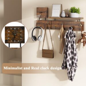 X-cosrack Coat Rack Wall Mount, Wooden Wall Mounted Storage Rack with Clock and 6 Hooks，Hanging Coat Rack with Shelf for Entryway, Bathroom, Living Room, Bedroom