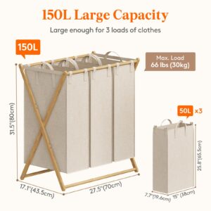 Lifewit 150L Large Laundry Hamper 3 Section, Collapsible Bamboo X-Frame Laundry Basket Sorter, Clothes Hamper with 3 Removable Bags for Laundry Room Bedroom Bathroom, Beige