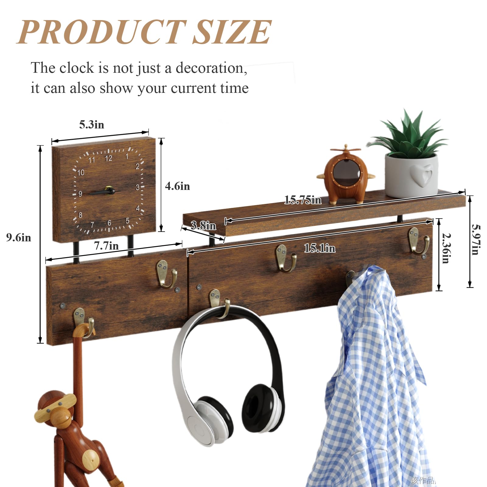 X-cosrack Coat Rack Wall Mount, Wooden Wall Mounted Storage Rack with Clock and 6 Hooks，Hanging Coat Rack with Shelf for Entryway, Bathroom, Living Room, Bedroom