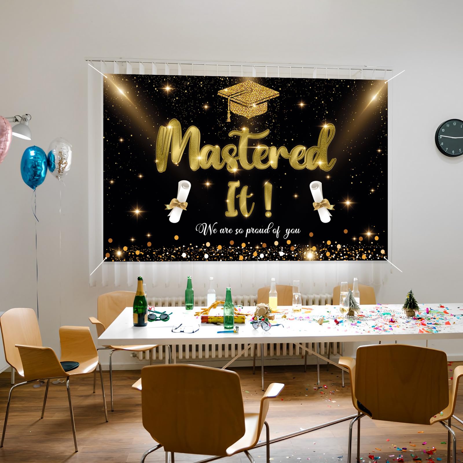 Labakita Mastered It Backdrop Banner, Masters Graduation Decorations, Masters Degree Graduation Banner, Graduation Decorations 2024, Graduation Party Indoor/Outdoor Decorations（Black and Gold）