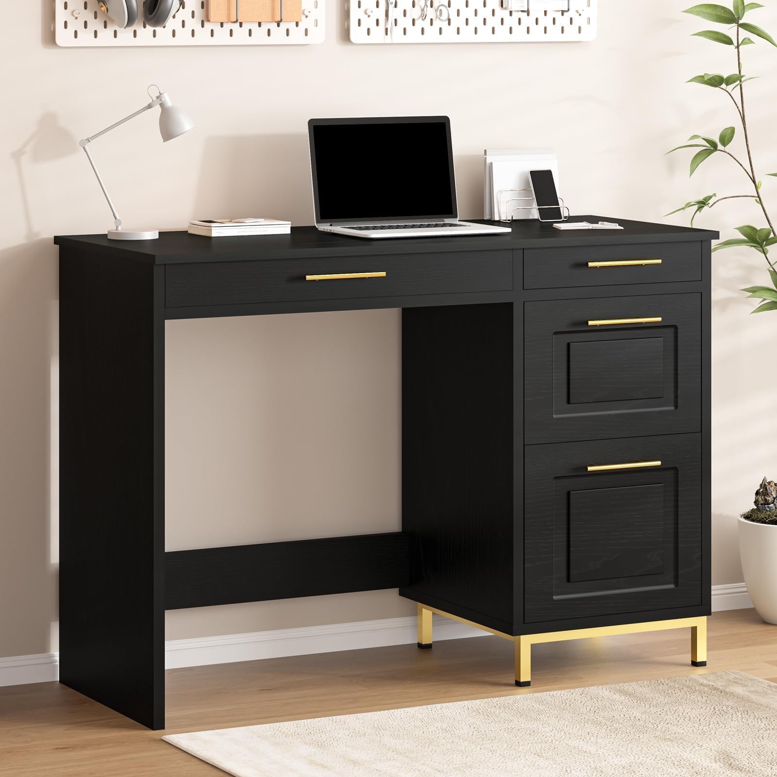 4 EVER WINNER Black Desk with Drawers, 43” Home Office Desk with Storage, Golden Handle for Bedroom, Black and Gold Desk Study Writing Desk for Small Space, Black