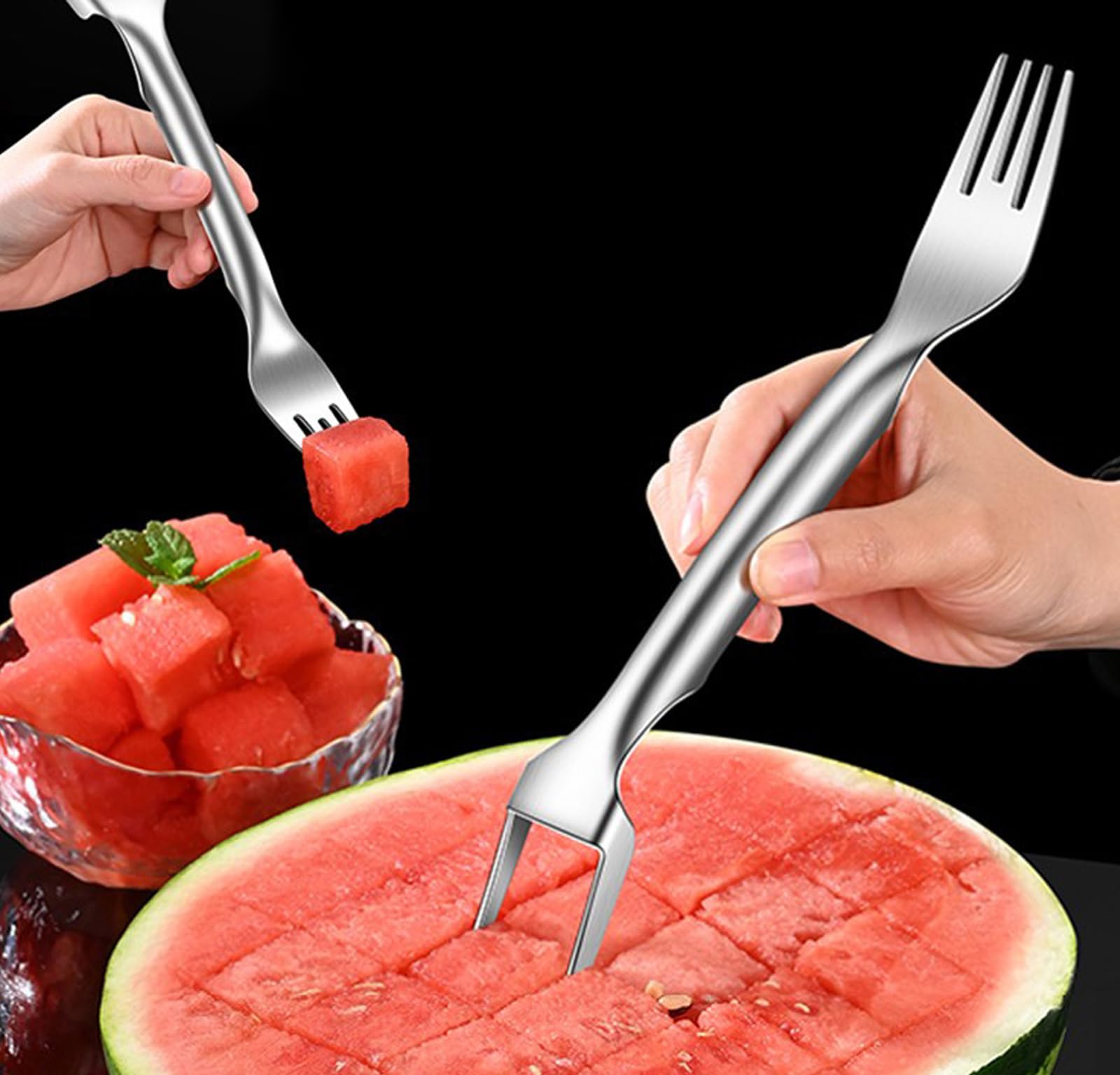 Watermelon Fork Slicer Cutter, 2-in-1 Stainless Steel Fruit Cutter, Summer Portable Watermelon Cutter Melon Cutter Tool, Multifunctional Fruit Fork for Home Kitchen,Camping