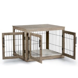 Upolana Large Dog Crate Furniture, 38 inch Dog Crates with Bed Pad, Wooden Dog Kennel Furniture, End Table Dog Cage with 3 Doors, Greige S35812