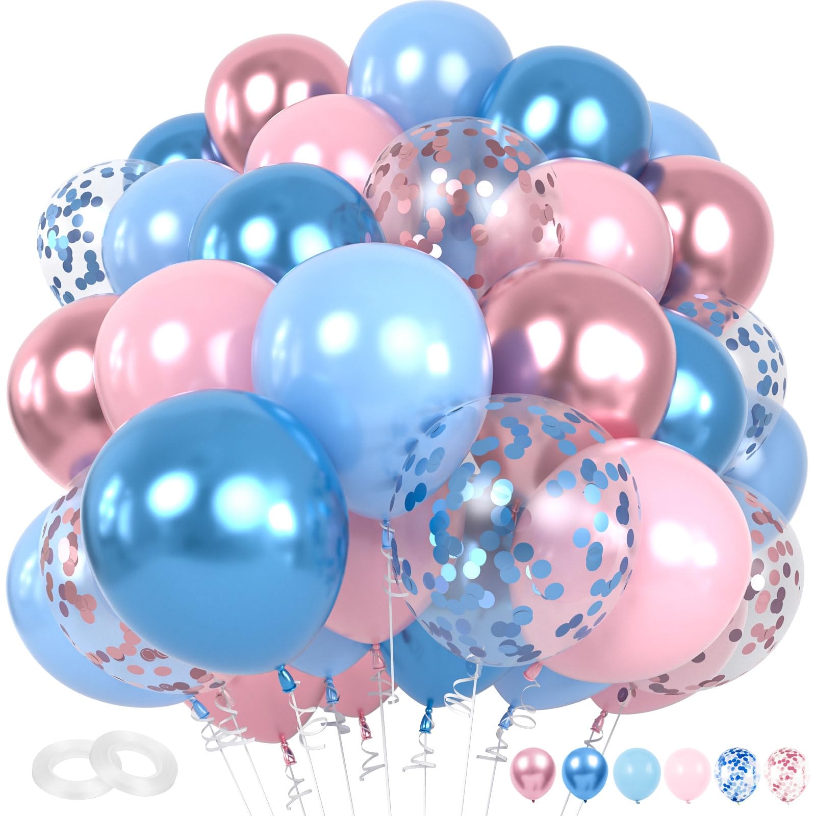 Blue and PInk Balloons, 60Pcs Pastel Pink Blue Balloons Metallic Blue Pink Balloons Macaron Blue Pink Confetti Balloon for Baby Shower Balloons Gender Reveal Birthday