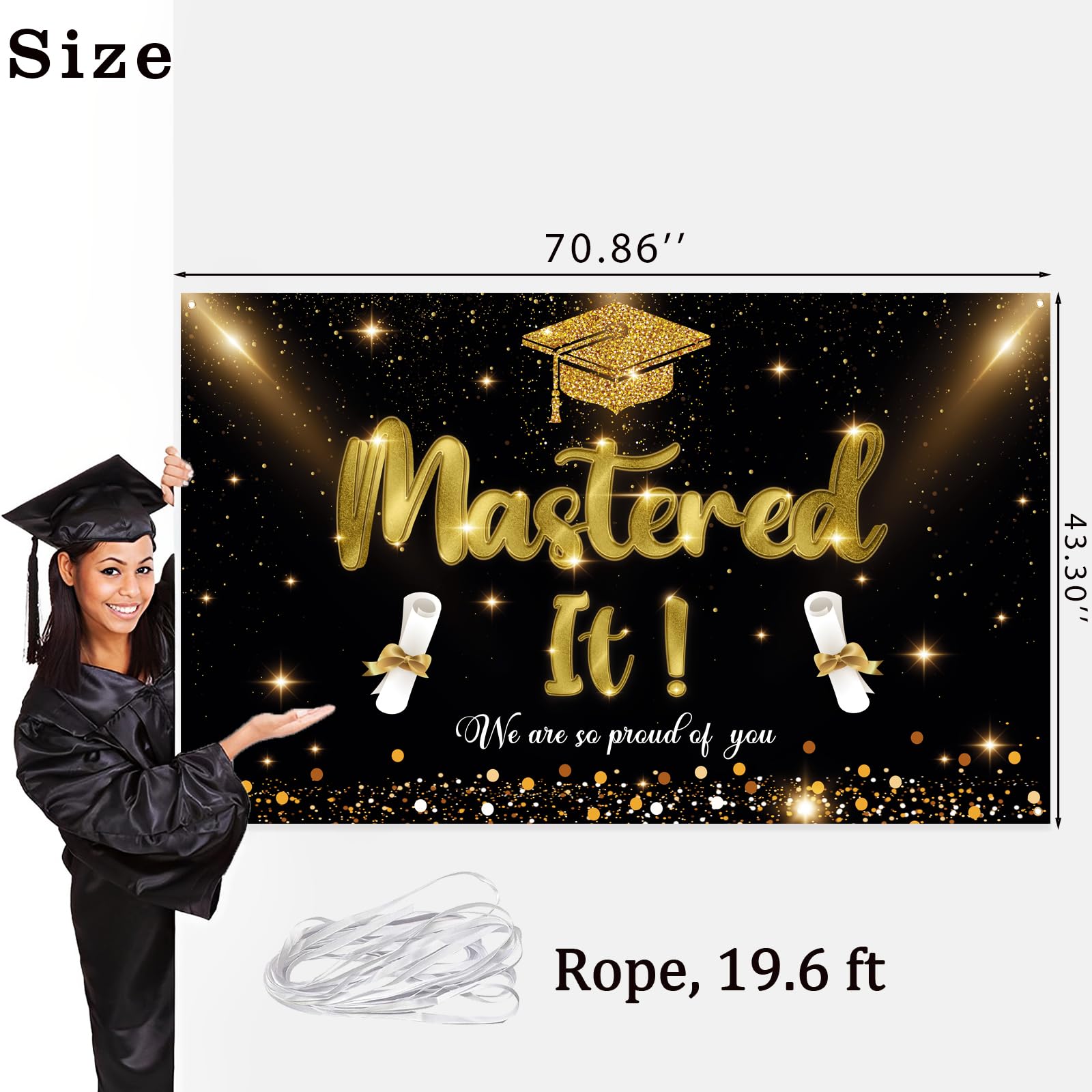 Labakita Mastered It Backdrop Banner, Masters Graduation Decorations, Masters Degree Graduation Banner, Graduation Decorations 2024, Graduation Party Indoor/Outdoor Decorations（Black and Gold）