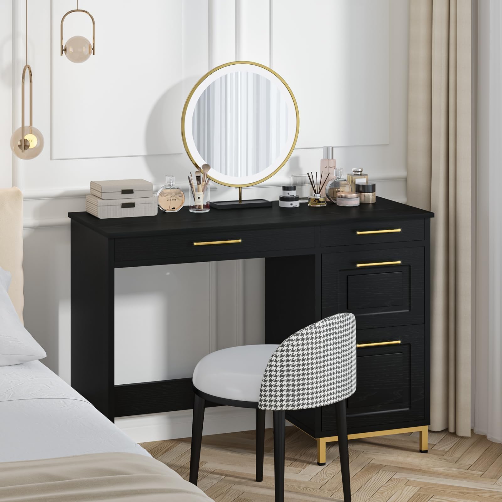 4 EVER WINNER Black Desk with Drawers, 43” Home Office Desk with Storage, Golden Handle for Bedroom, Black and Gold Desk Study Writing Desk for Small Space, Black