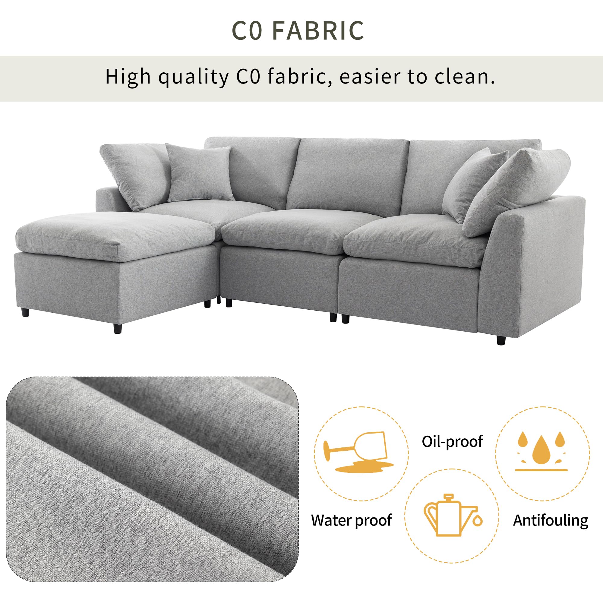 Taiweny Down Filled Convertible Modular Sectional Sofa, Modern Modular 3-Seat L-Shape Sofa Couch with Convertible Ottoman, Cloud Sofa Couch with Feather Filled for Living Room Apartment(Light Grey)