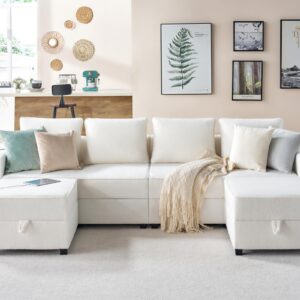 AMERLIFE 114 Inch Sectional Sofa,6 Seats Modular Sectional Sofa with Storage, U Shaped Couch with 2 USB Ports &Cup Holders, Ottomans, 4 Pieces Set White Bouclé Sofa Couch