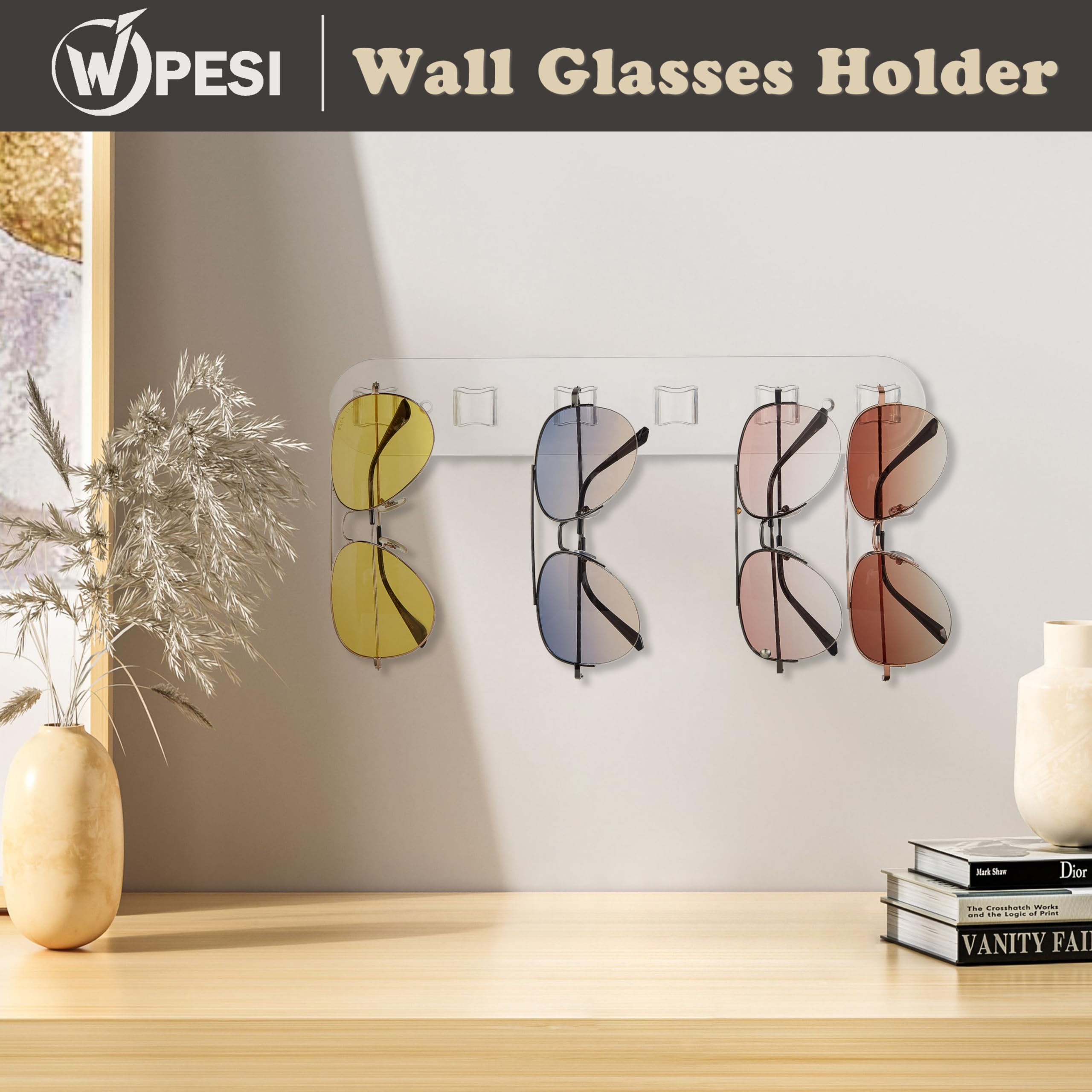 WPESI Wall Glasses Holder 2 pack,Sunglass Organizer,Acrylic Sunglasses Display,Sunglasses Rack for Hanging Your Multiple Eyeglasses, Sunglasses Holder Eyeglass Holder Stand (Clear, 6 Slots)