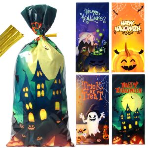 hilopack halloween goodie bags for candy, 50pcs halloween treat bags with twist ties, halloween candy bags for kids trick or treat party supplies, hallowen favors gift bag decor (halloween goody bag)