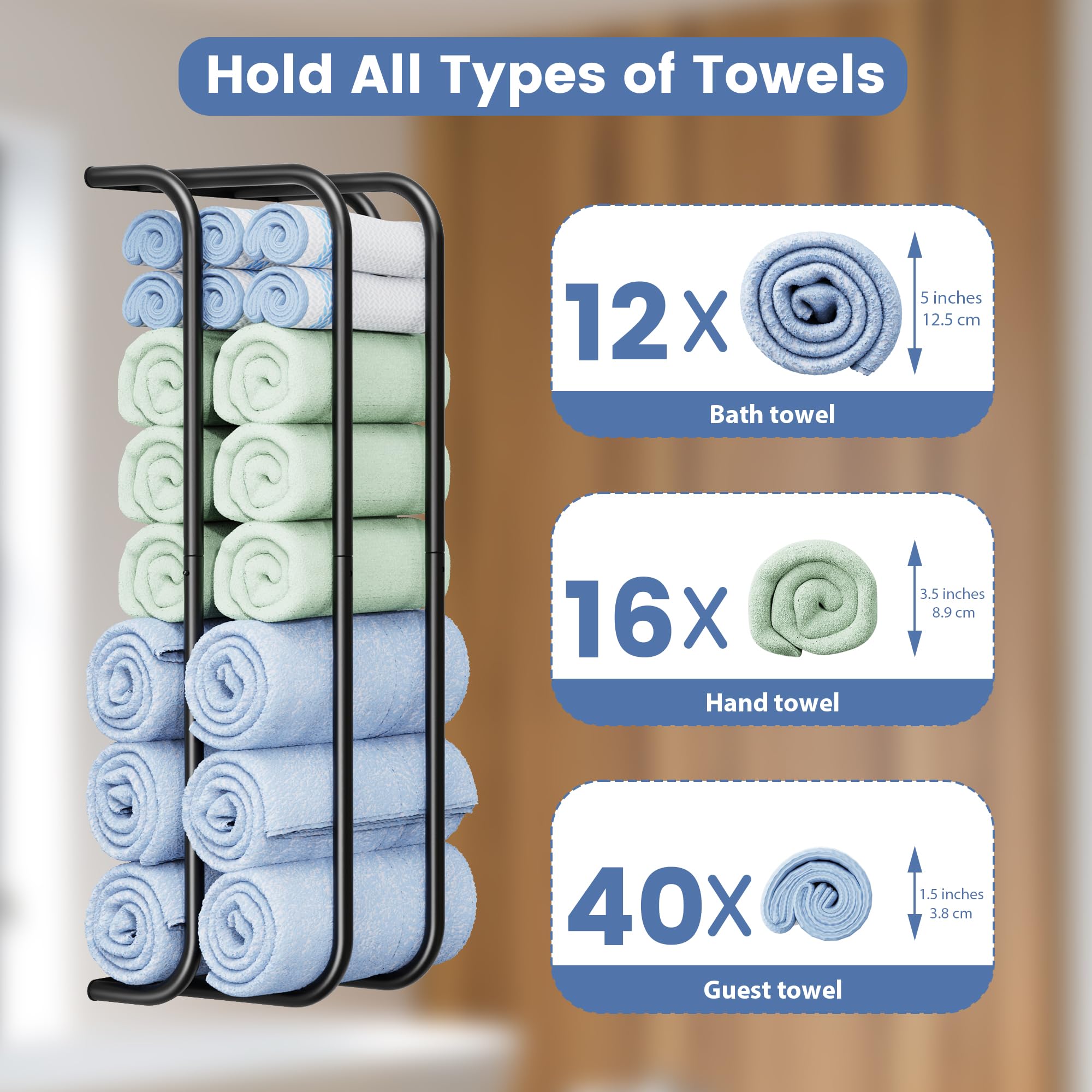 BasicForm Towel Racks for Bathroom, Towel Holder for Double-Layer Storgae, Rolled Towel Rack Wall Mounted, Bath Towels Organizer for Small Bathroom Apartment Dorm Rooms, Sturdy Metal, Black