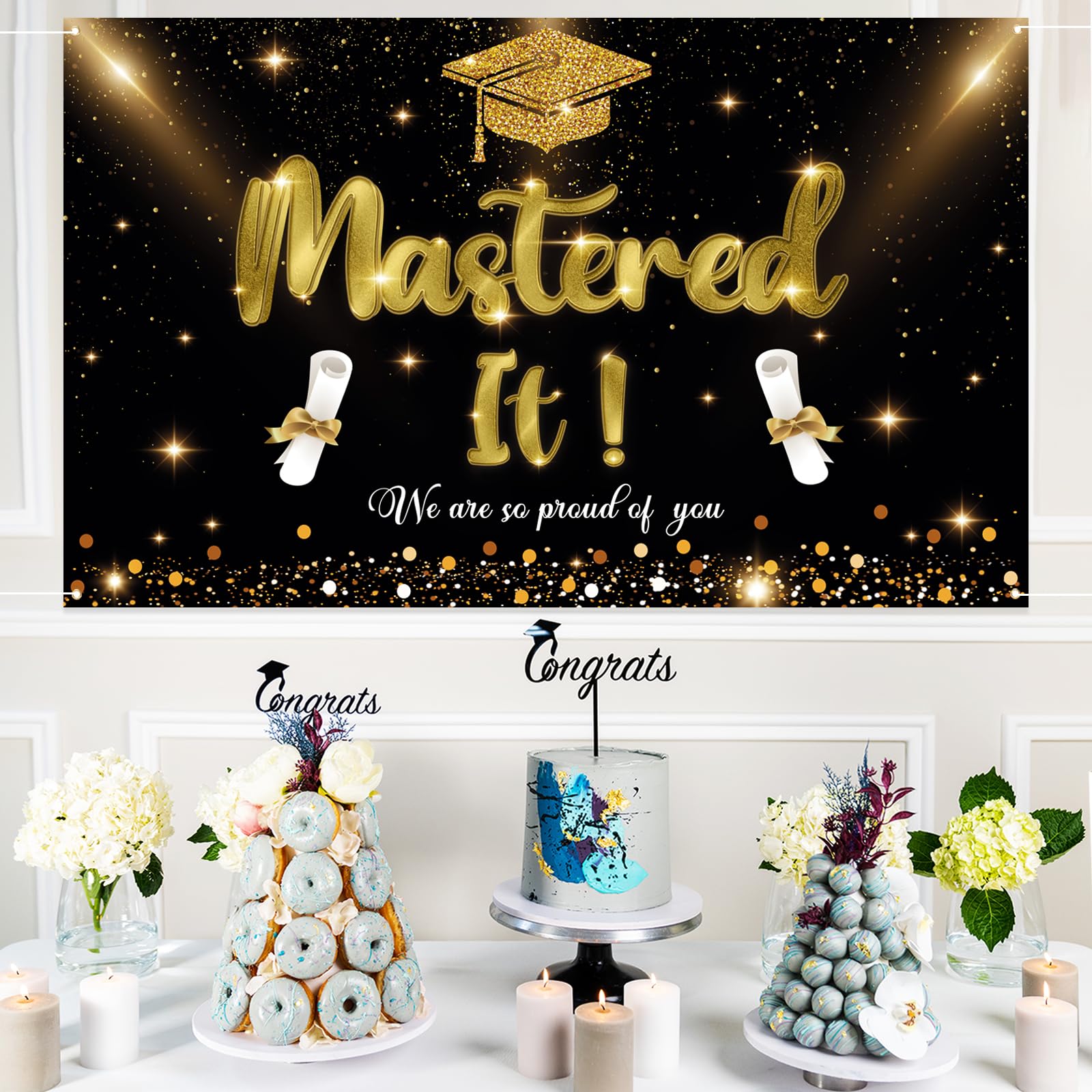 Labakita Mastered It Backdrop Banner, Masters Graduation Decorations, Masters Degree Graduation Banner, Graduation Decorations 2024, Graduation Party Indoor/Outdoor Decorations（Black and Gold）