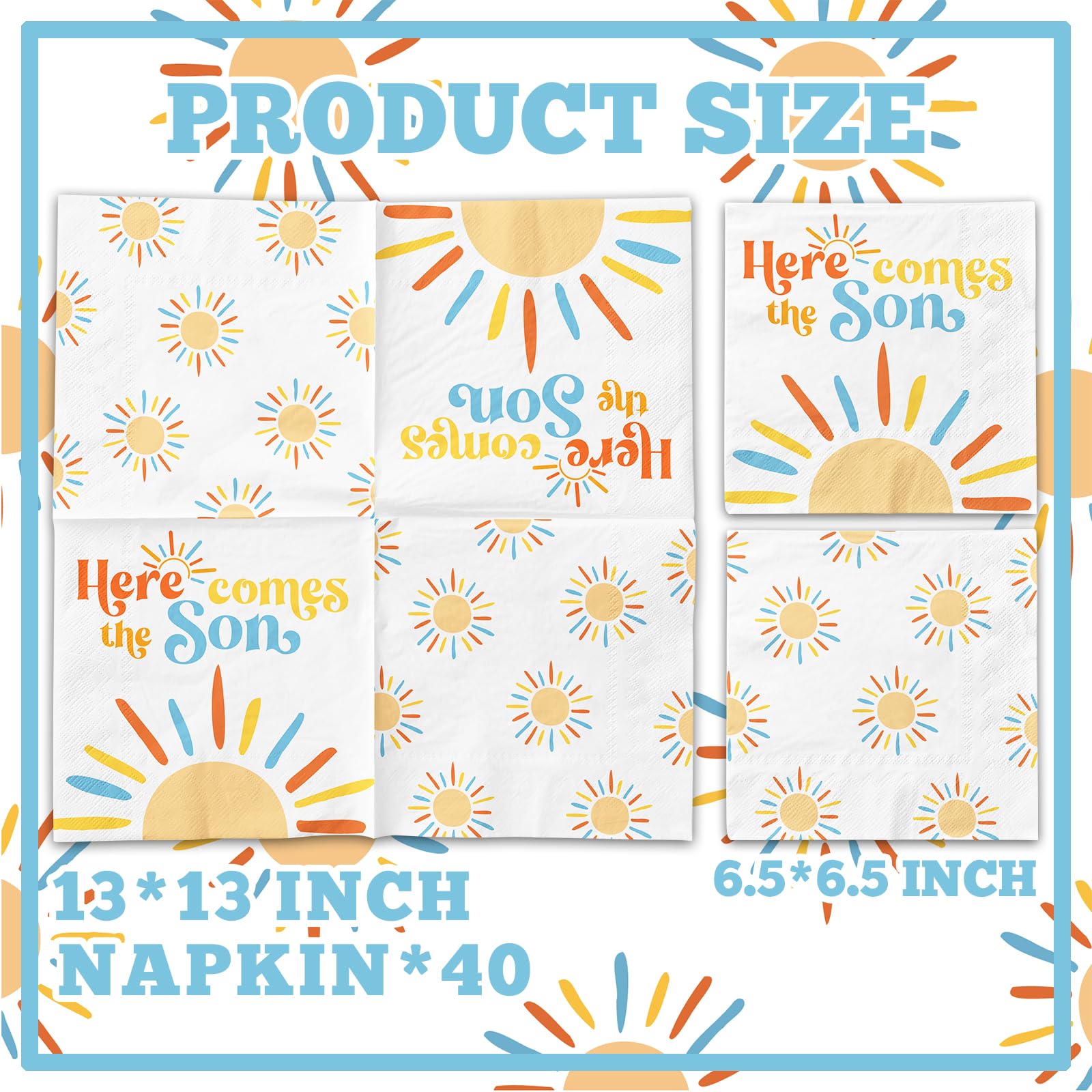 Here Comes The Son Baby Shower Decoration, 40pcs Disposable Retro Boho Sun Napkins Paper Little Ray Of Sunshine Baby Shower Napkins The Boho Sun Party Decorations for Boys Kids Birthday Supplies