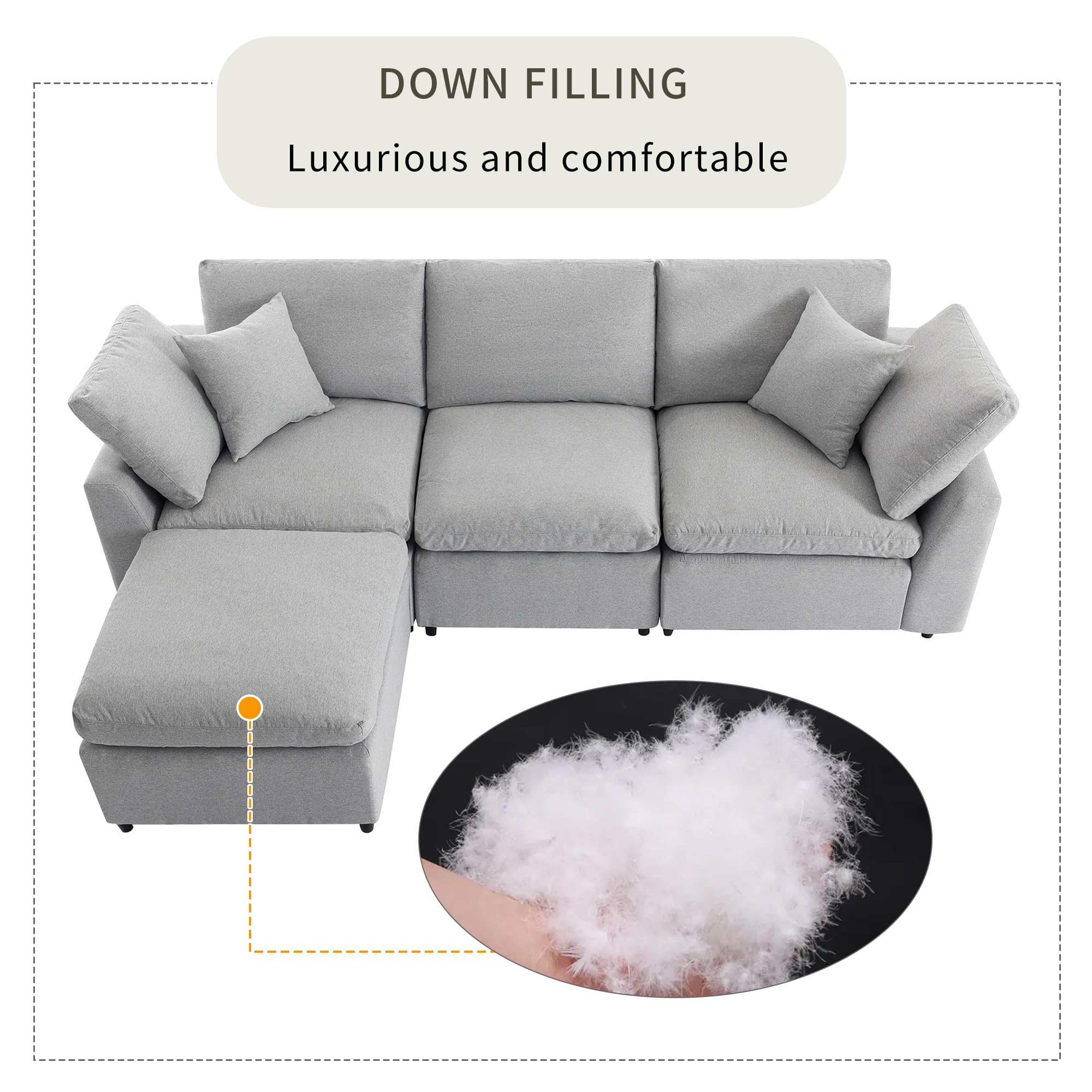 Taiweny Down Filled Convertible Modular Sectional Sofa, Modern Modular 3-Seat L-Shape Sofa Couch with Convertible Ottoman, Cloud Sofa Couch with Feather Filled for Living Room Apartment(Light Grey)