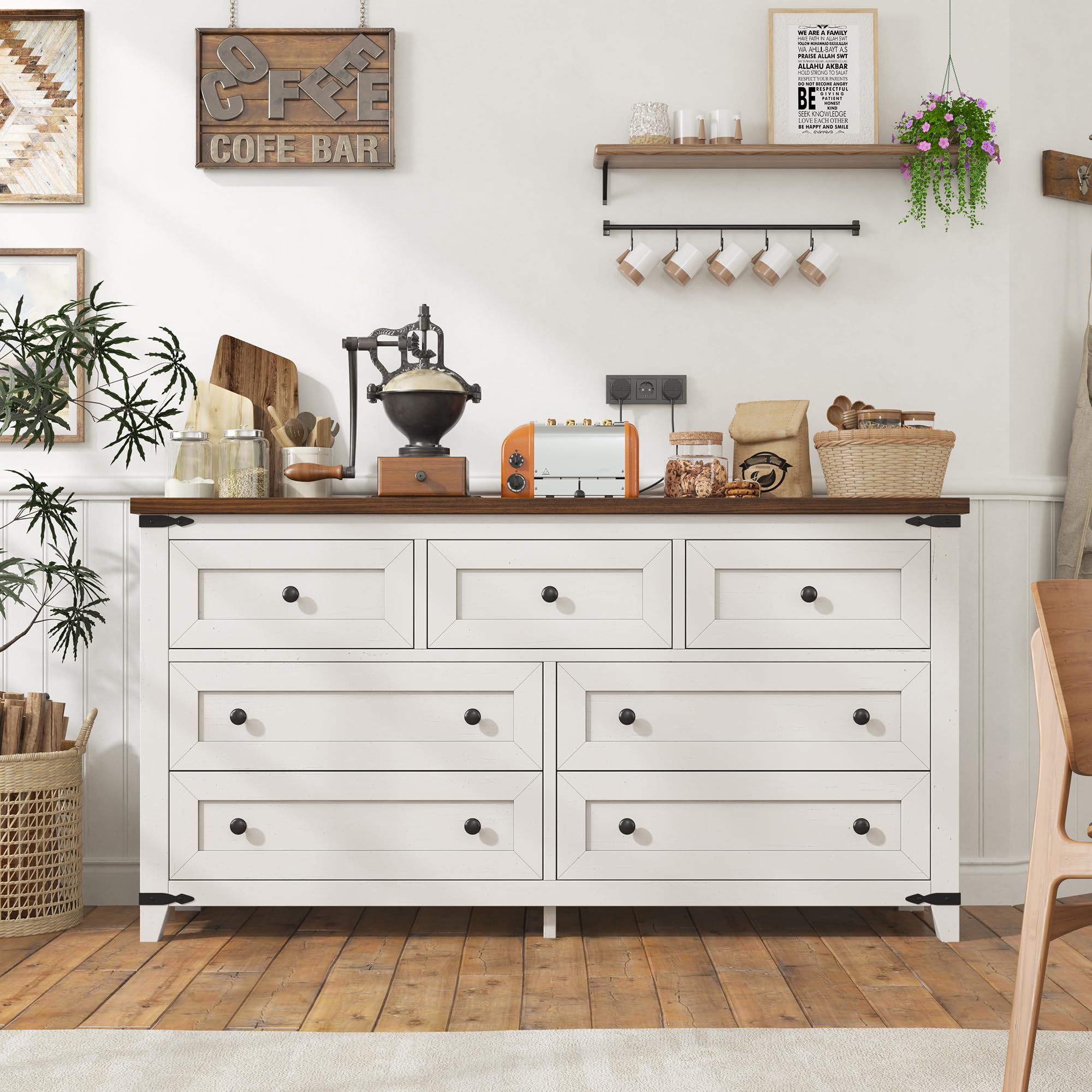 EnHomee Dresser for Bedroom Wood Dresser with 7 Drawers White Dresser with Smooth Metal Rail Long Dressers & Chests of Drawers Farmhouse Dresser for Bedroom Dresser TV Stand, Closet, Antique White