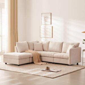 acosure 89" modern sectional sofa with convertible ottoman,l-shape couch w/ 2 pillows,vertical stripes design,various combinations, indoor 5-seat furniture for living room,apartment,beige