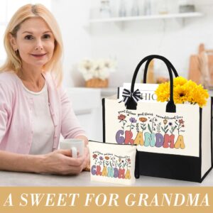 DOGMEM Grandma Gifts for Birthday, Tote Bag Grandma Gifts Set from Granddaughter Grandson Grandchildren Grandkids Best Grandma Gifts Basket Tote Bag Makeup Bag 16 Oz Can Glass Bead Bracelet