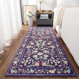 przemy runner rug for bedroom, 2x6 washable boho area rugs, non slip low pile hallway floor carpet, vintage floral rug runner for living room kids dorm laundry nursery indoor entryway decor, purple