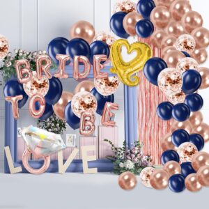 Bachelorette Party Decorations Set, Blue and Rose Gold Bridal Shower Party Decor and Supplies-Bride to Be Balloons, Fringe Curtain, Ring & Latex Balloons for Bridal Shower, Wedding, Bridal Shower