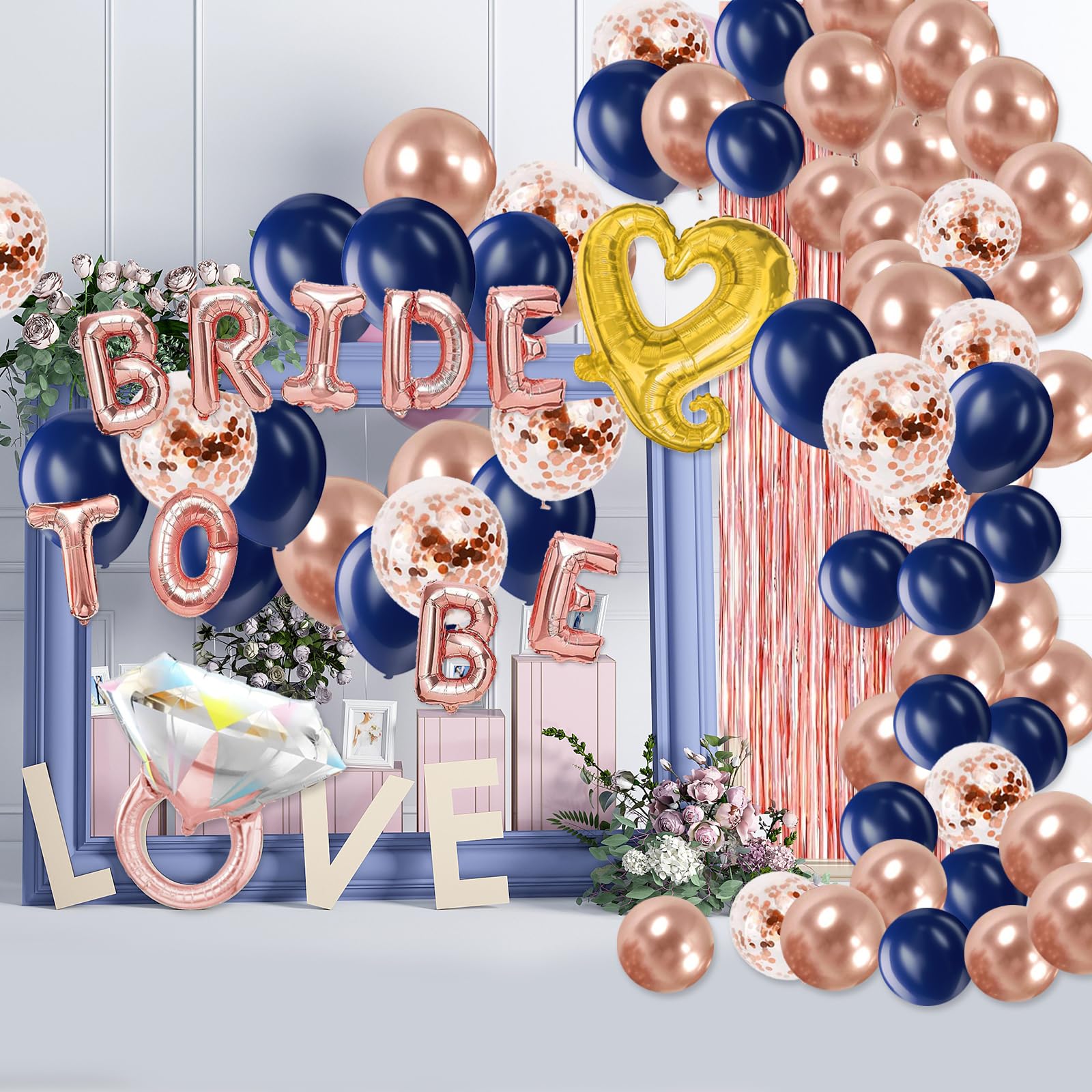 Bachelorette Party Decorations Set, Blue and Rose Gold Bridal Shower Party Decor and Supplies-Bride to Be Balloons, Fringe Curtain, Ring & Latex Balloons for Bridal Shower, Wedding, Bridal Shower