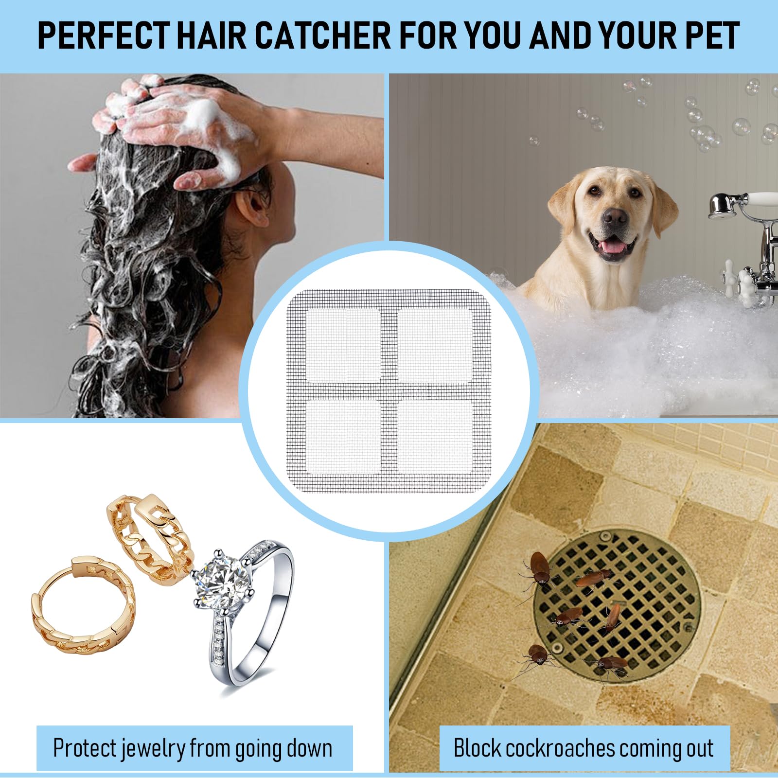 Disposable Shower Drain Cover Hair Catcher4 X 4" Disposable Floor Drain Sticker 50 PCS/Set Covers to Catch Hair and Debris. These mesh Stickers can be Used in bathrooms, Laundry Rooms and bathtubs