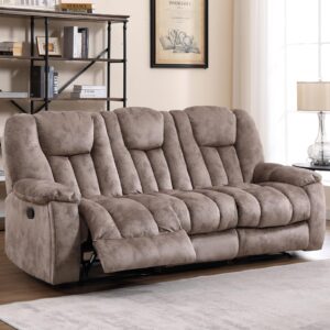 ebello reclining sofa for living room, extra wide modern overstuffed 3 seat recliner manual sofa chair with hidden armrest cup holders, breathable soft fabric and padded seat, light brown