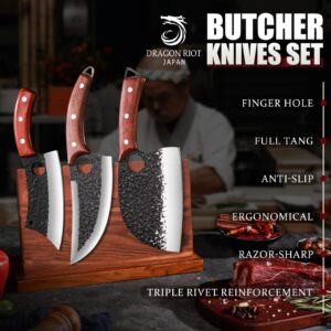 DRAGON RIOT Professional Butcher Knife Set for Meat Processing, 3Pcs High Carbon Steel Hand Forged Serbian Cleaver Chef Knife Set with Ergonomic Handles for Kitchen Outdoor Cooking