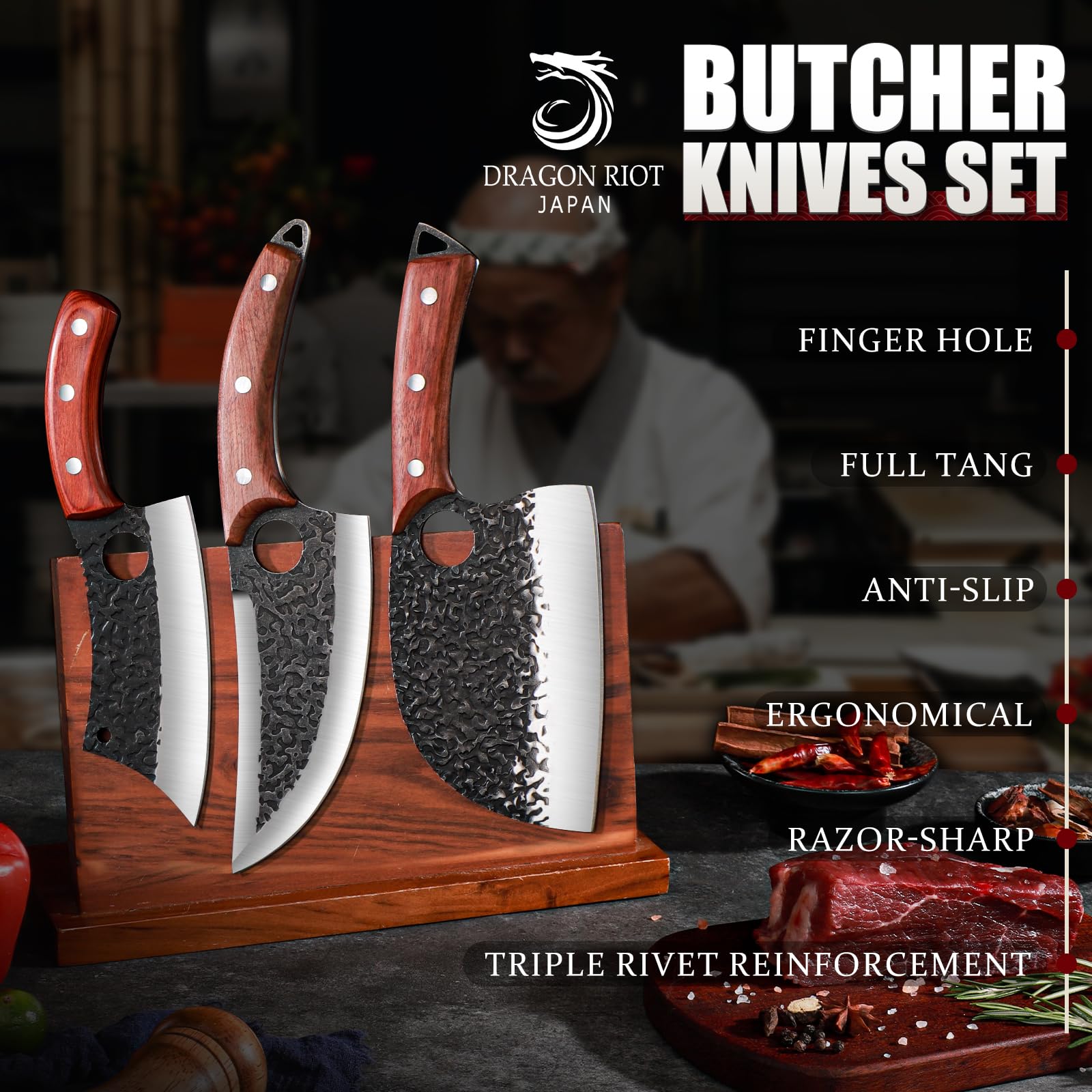 DRAGON RIOT Professional Butcher Knife Set for Meat Processing, 3Pcs High Carbon Steel Hand Forged Serbian Cleaver Chef Knife Set with Ergonomic Handles for Kitchen Outdoor Cooking