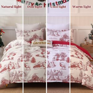 Christmas Duvet Cover King Size, Duvet Cover Set 3 Pieces Soft Microfiber Red Bedding Set Christmas Theme Reindeers Santa Claus Christmas Trees Pattern Comforter Set (104"x90")(Not Comforter)