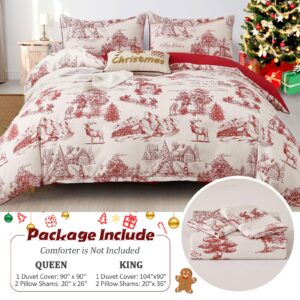 Christmas Duvet Cover King Size, Duvet Cover Set 3 Pieces Soft Microfiber Red Bedding Set Christmas Theme Reindeers Santa Claus Christmas Trees Pattern Comforter Set (104"x90")(Not Comforter)