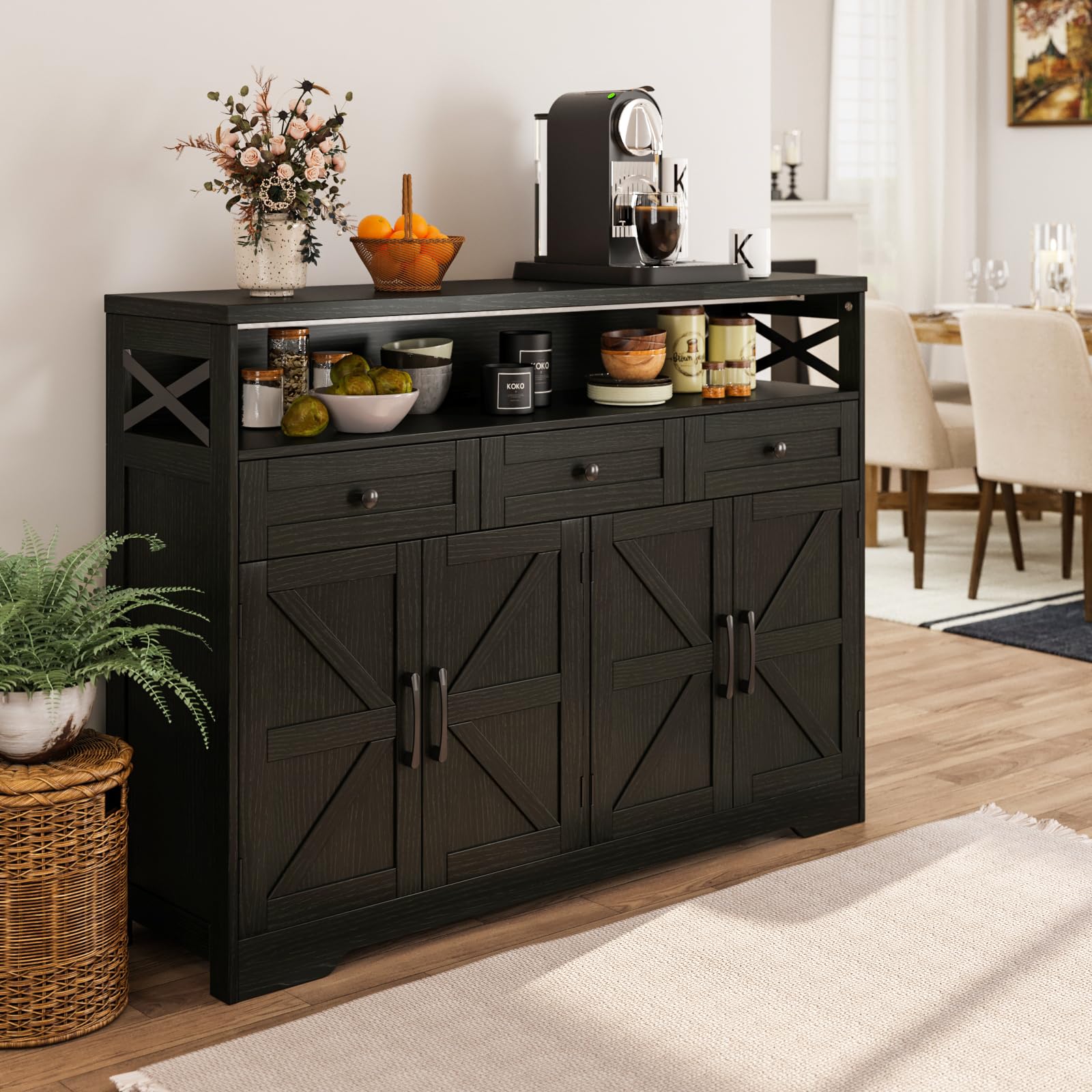 Befrases 52" L Modern Farmhouse Sideboard Buffet Cabinet, Black Storage Cabinet with Drawers & Shelves, Kitchen Pantry Hutch Cabinet, Coffee Bar Station Table for Living Room, Dining Room, Entryway