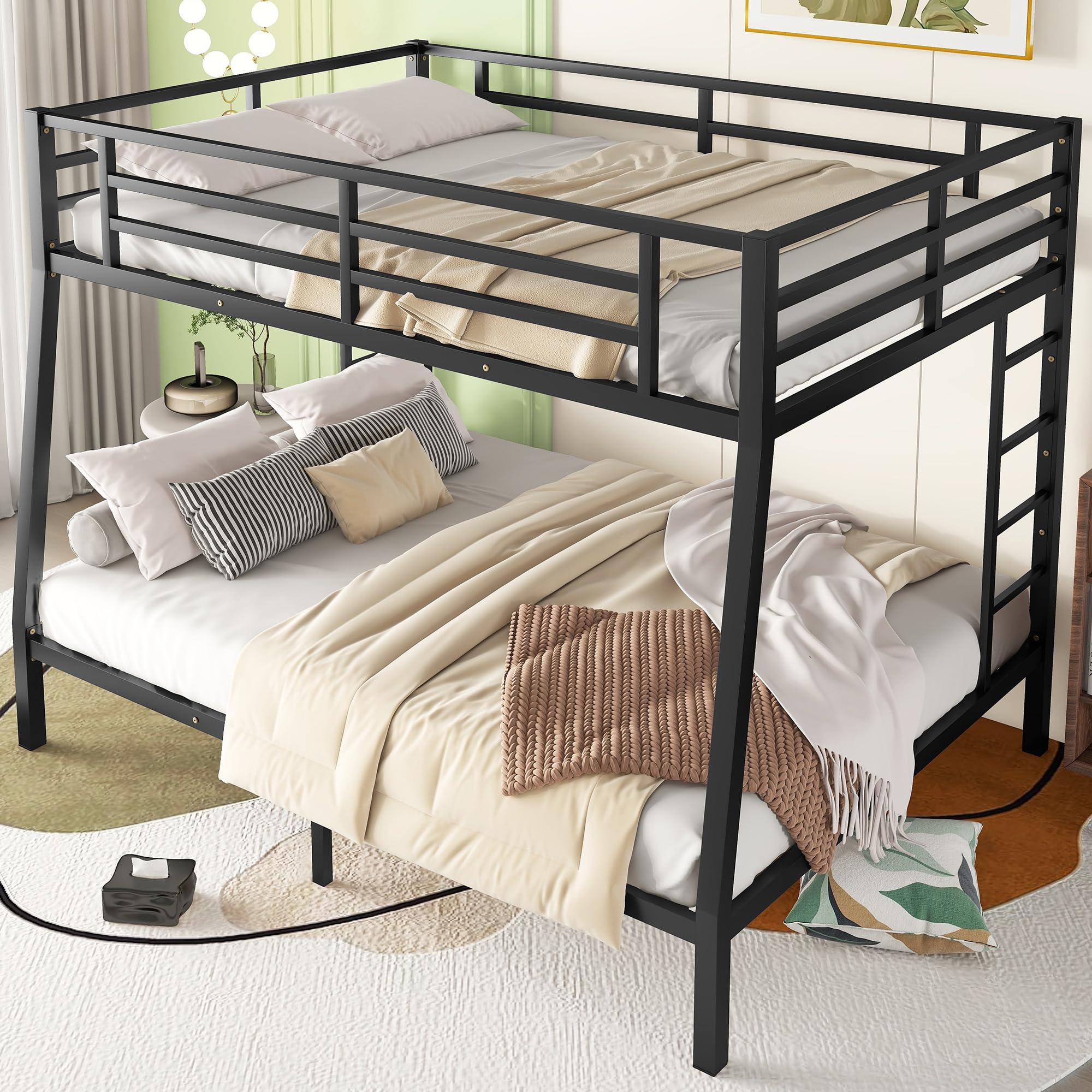 Full XL Over Queen Bunk Beds with 2 Build in Ladder and Full Length Guardrail, Heavy Duty Bunk Bed/Full XL Over Queen Bunk Bed for Adults, Teens, Kids, No Box Spring Needed(Black Full XL Over Queen)