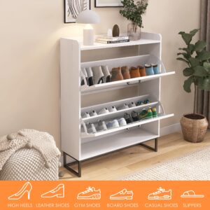 HMYZOM Shoe Cabinet with 2 Flip Drawer, Hidden Shoe Storage Cabinet for Entryway, Narrow Shoe Rack with Adjustable Shelf & Metal Legs, Freestanding Shoe Organizer for Hallway, Living Room, Grain White