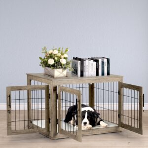 Upolana Large Dog Crate Furniture, 38 inch Dog Crates with Bed Pad, Wooden Dog Kennel Furniture, End Table Dog Cage with 3 Doors, Greige S35812