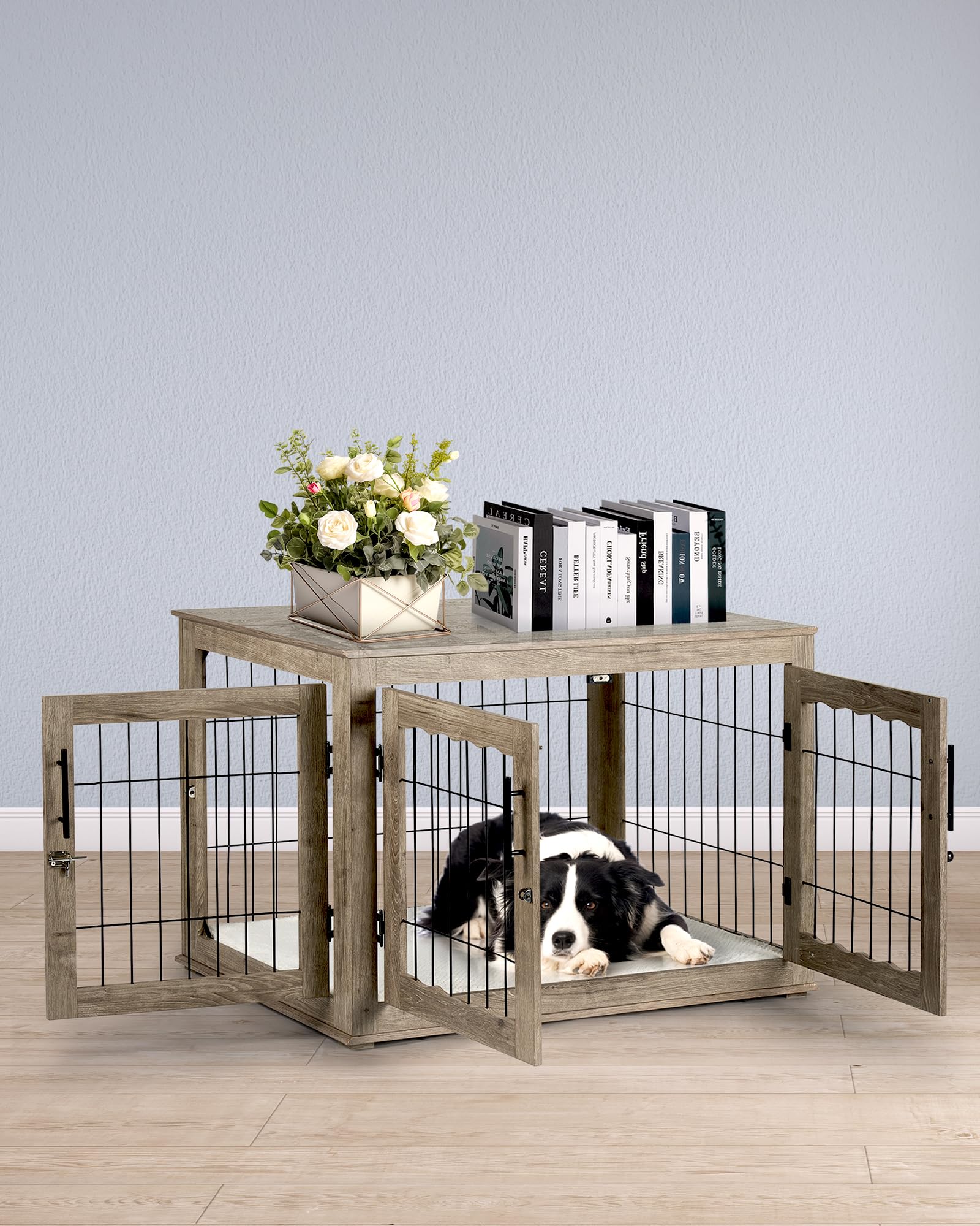 Upolana Large Dog Crate Furniture, 38 inch Dog Crates with Bed Pad, Wooden Dog Kennel Furniture, End Table Dog Cage with 3 Doors, Greige S35812